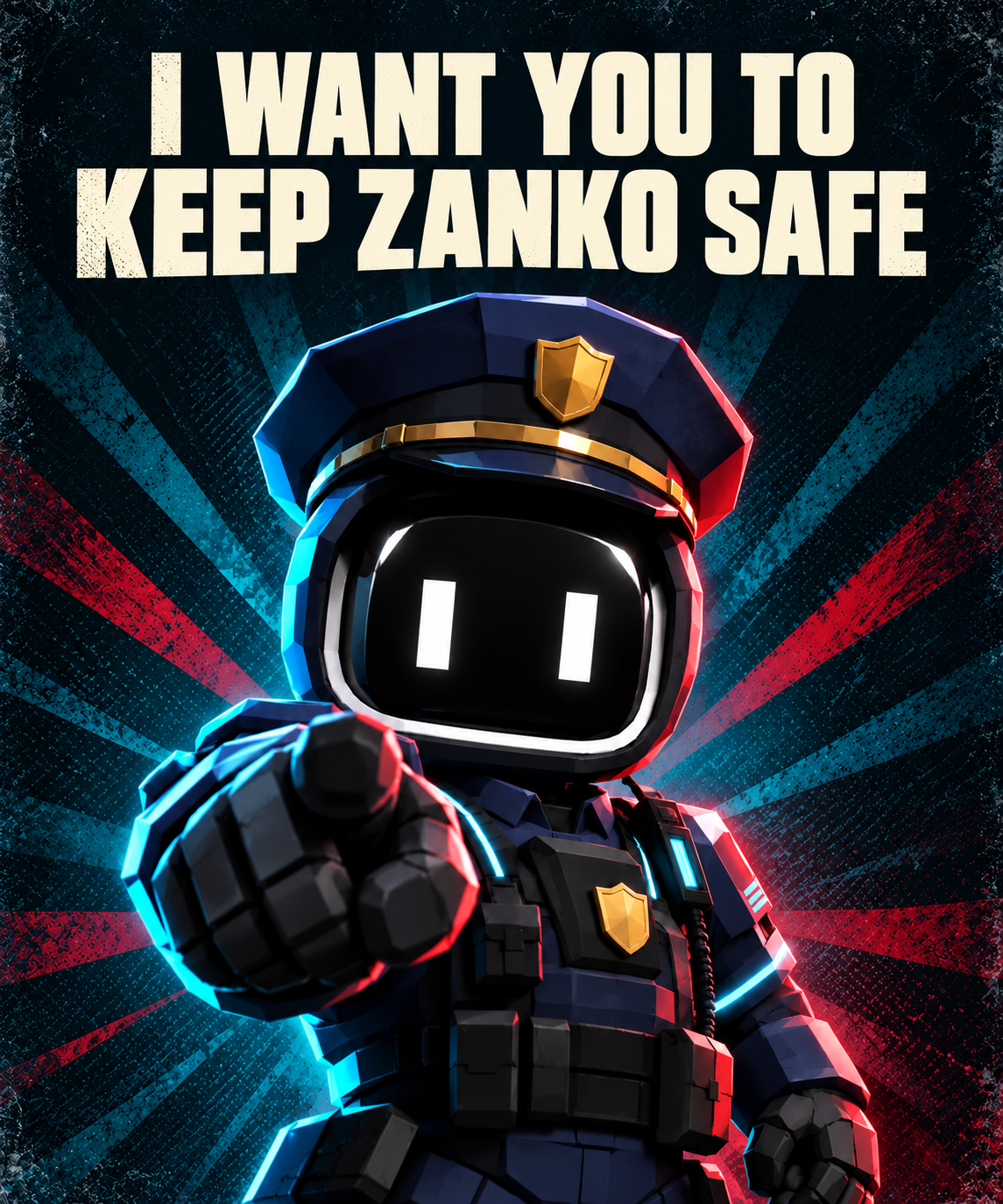 I want you to keep Vaelo safe. Vaelo police mascot pointing directly at you.